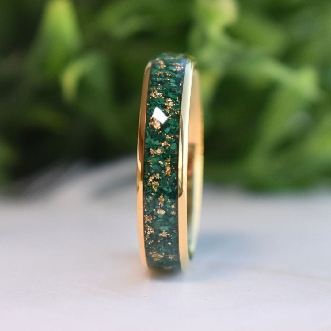 Tungsten 6mm Gold Ring with Malachite & Gold Leaf Inlay