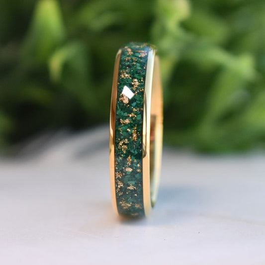 Tungsten 6mm Gold Ring with Malachite & Gold Leaf Inlay