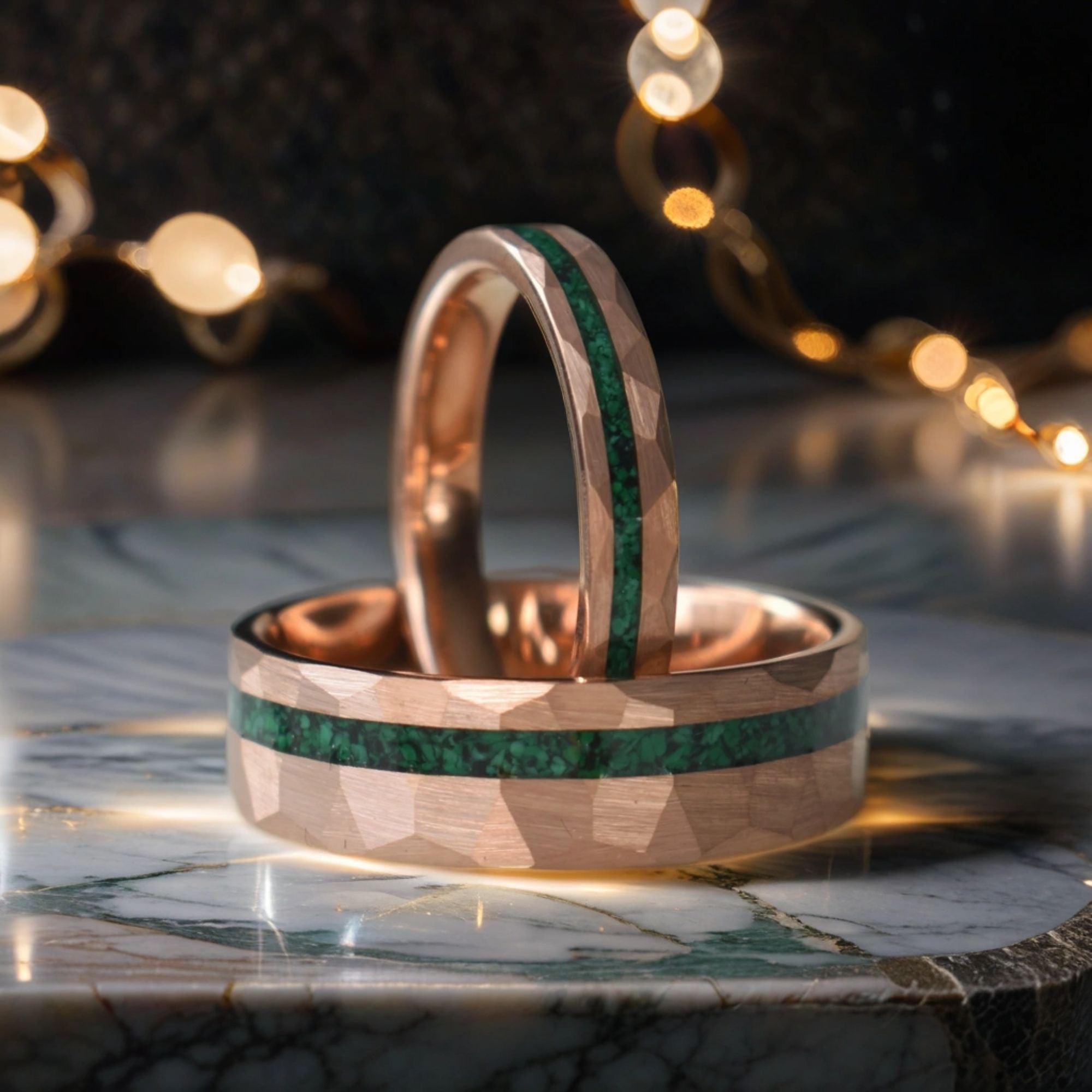 Tungsten 8mm Hammered Rose Gold Ring with Malachite Inlay - Tungsten Titans