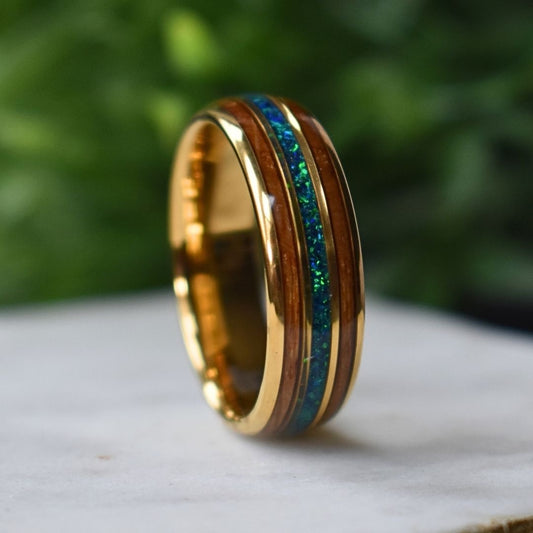 Tungsten 8mm Yellow Gold Ring with Crushed Green & Blue Opal and Whiskey Barrel