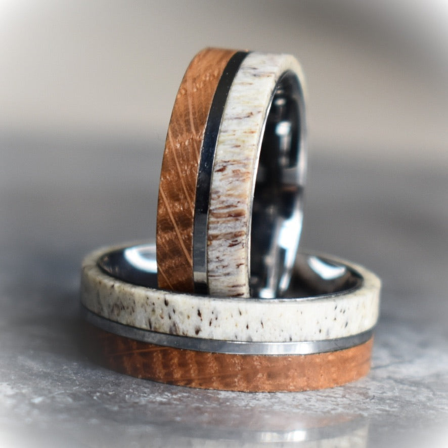 Whiskey Barrel and Deer Antler 8mm Ring with Tungsten Band - Tungsten Titans