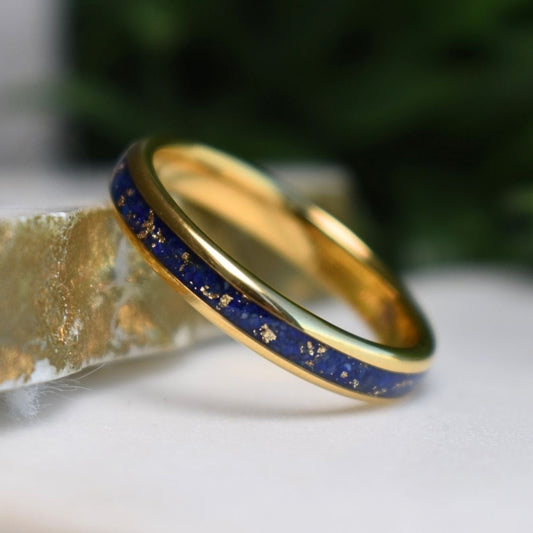 Tungsten 4mm Gold Ring with Lapis Lazuli & Gold Leaf Inlay
