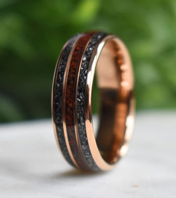 Tungsten 8mm Rose Gold Ring with Red Dinosaur Bone & Meteorite Ring - Tungsten Titans
