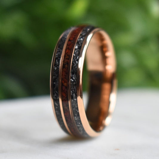 Tungsten 8mm Rose Gold Ring with Red Dinosaur Bone & Meteorite Ring