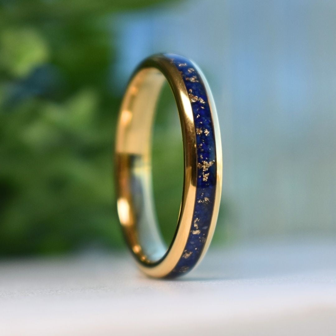 Tungsten 4mm Gold Ring with Lapis Lazuli & Gold Leaf Inlay