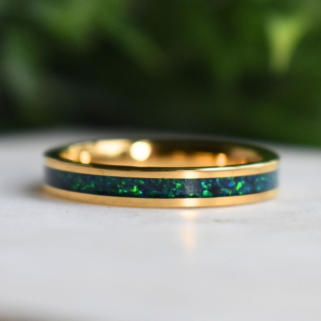 Tungsten 4mm Yellow Gold Ring Crushed Green and Blue Opal Wedding Band - Tungsten Titans
