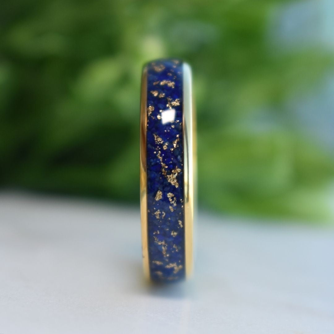 Tungsten 6mm Gold Ring with Lapis Lazuli & Gold Leaf Inlay