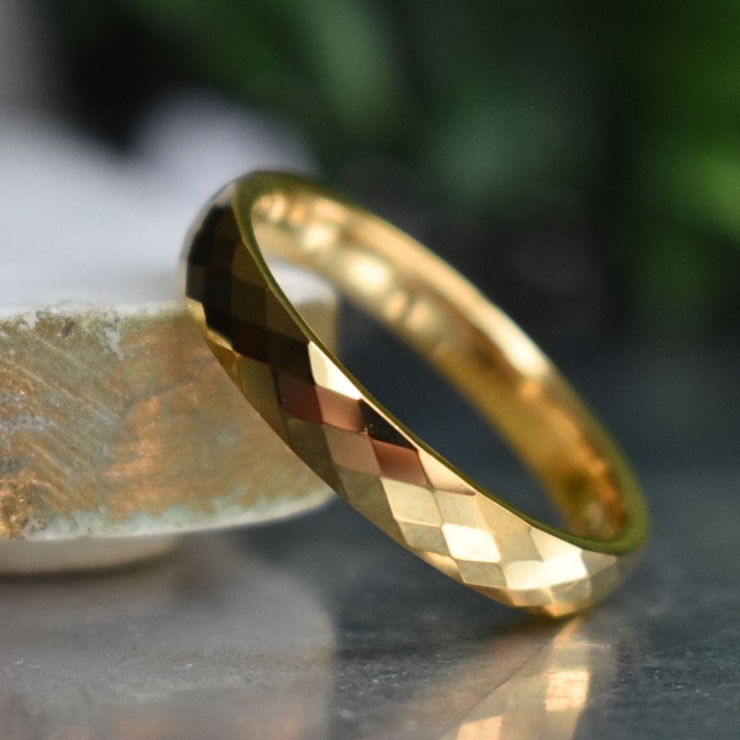 Tungsten Diamond Facet Yellow Gold 4mm Ring - Tungsten Titans
