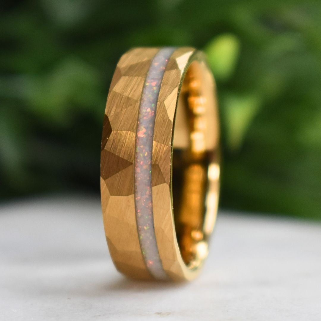 Tungsten 8mm Hammered Yellow Gold Ring with Crushed Opal Centre