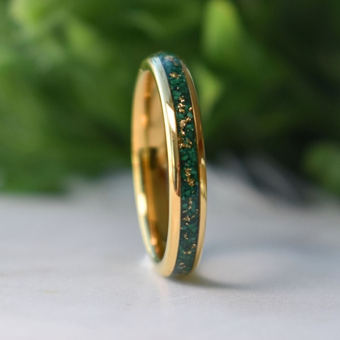 Tungsten 4mm Gold Ring with Malachite & Gold Leaf Inlay