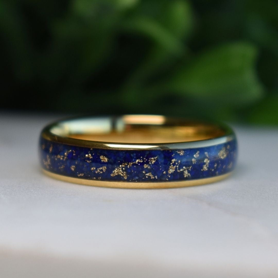 Tungsten 6mm Gold Ring with Lapis Lazuli & Gold Leaf Inlay