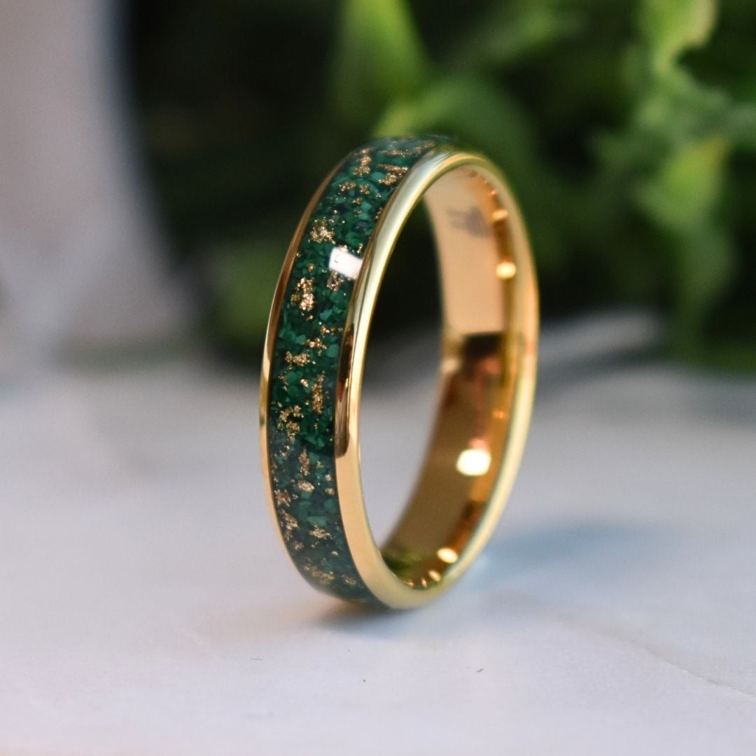 Tungsten 6mm Gold Ring with Malachite & Gold Leaf Inlay