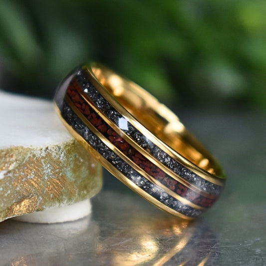 Tungsten 8mm Yellow Gold Ring with Red Dinosaur Bone & Meteorite Ring
