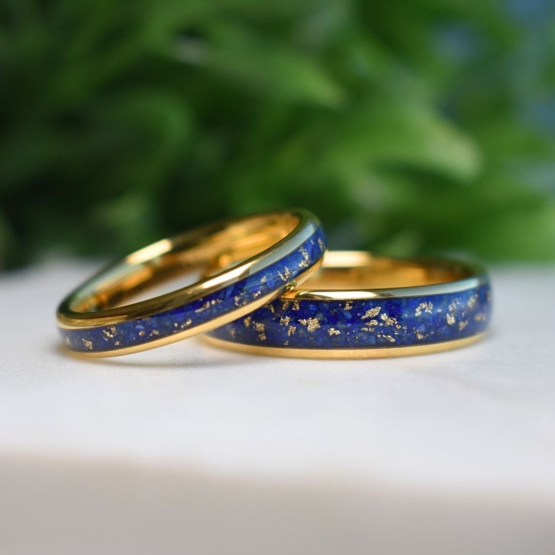 Tungsten 4mm Gold Ring with Lapis Lazuli & Gold Leaf Inlay - Tungsten Titans