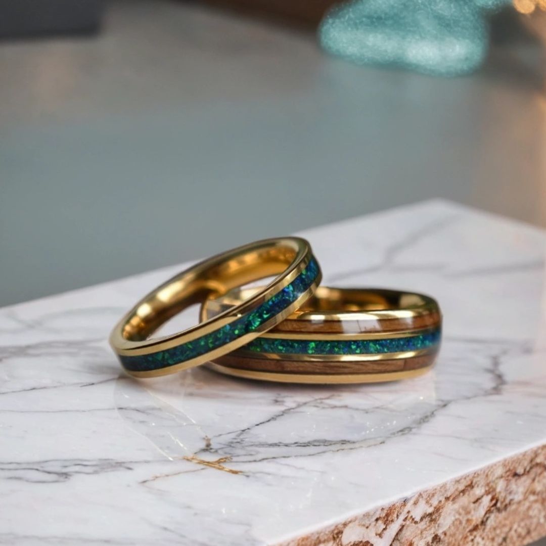 Tungsten 8mm Yellow Gold Ring with Crushed Green & Blue Opal and Whiskey Barrel - Tungsten Titans