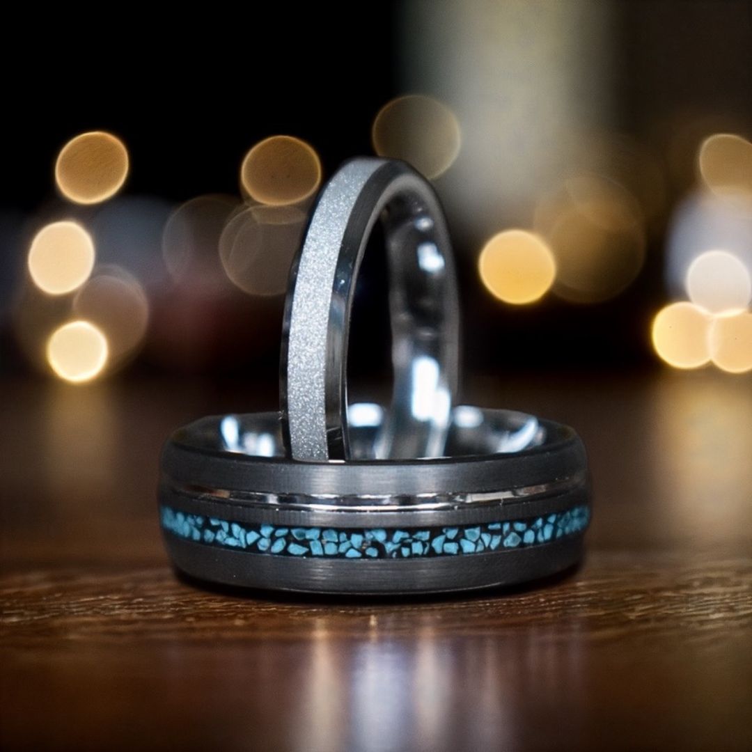 Tungsten 8mm Ring Grey with Silver Accent and Crushed Turquoise - Tungsten Titans