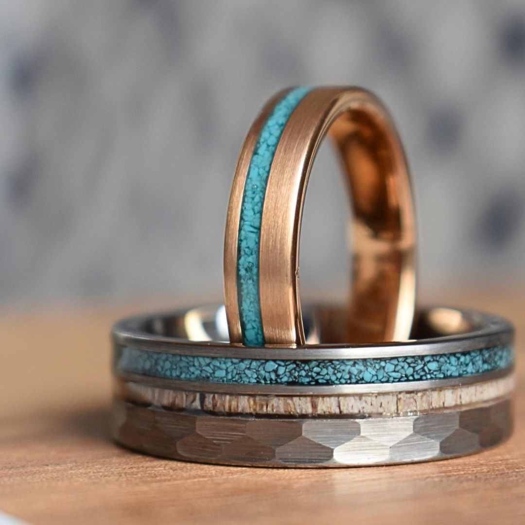 Tungsten 5mm Ring Rose Gold with Crushed Turquoise Wedding Band - Tungsten Titans