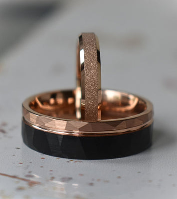 Hammered Tungsten Ring 8mm Black and Rose Gold Brushed with Polished Rose Gold Accent - Tungsten Titans