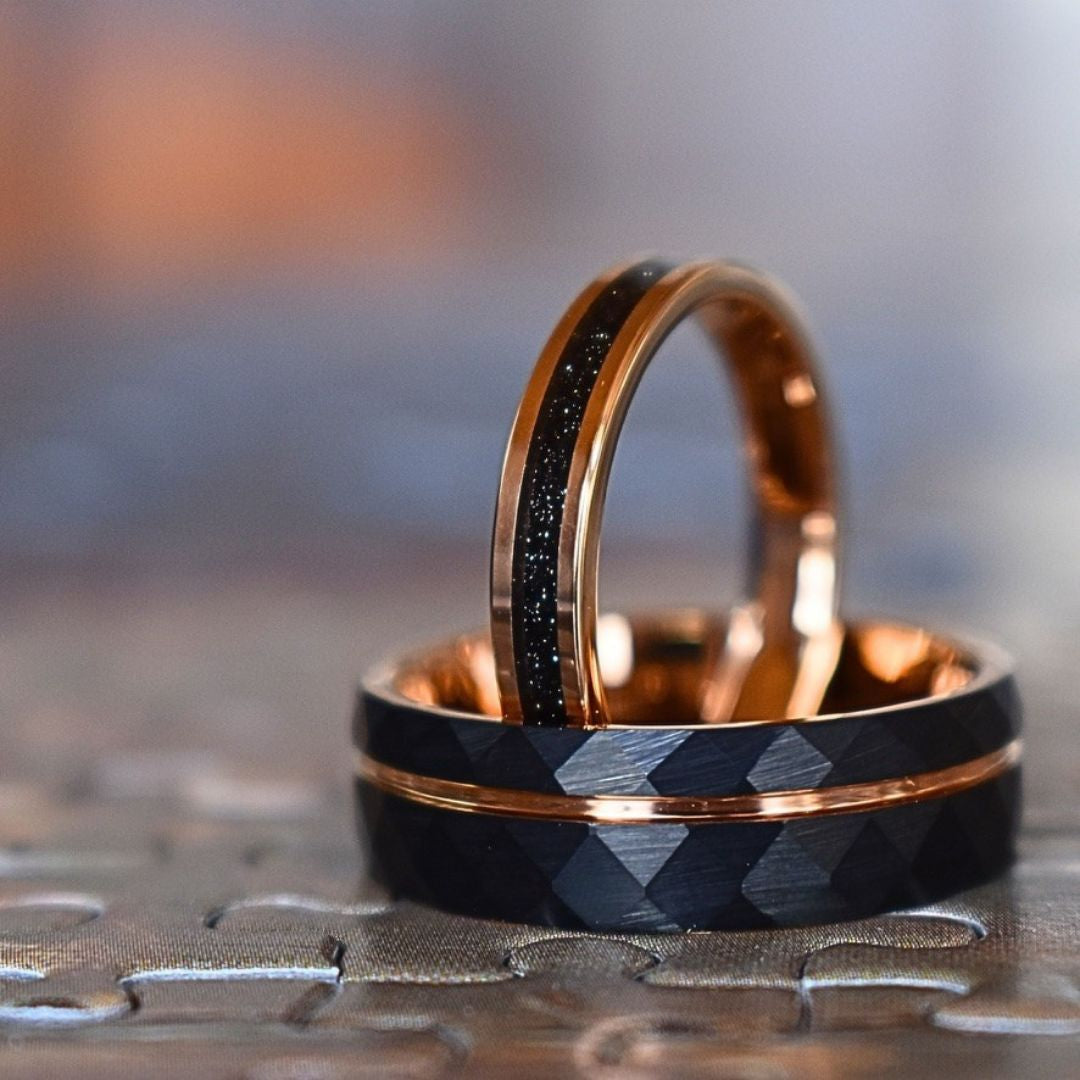Hammered 8mm Black Tungsten Ring with Rose Gold Accent - Tungsten Titans