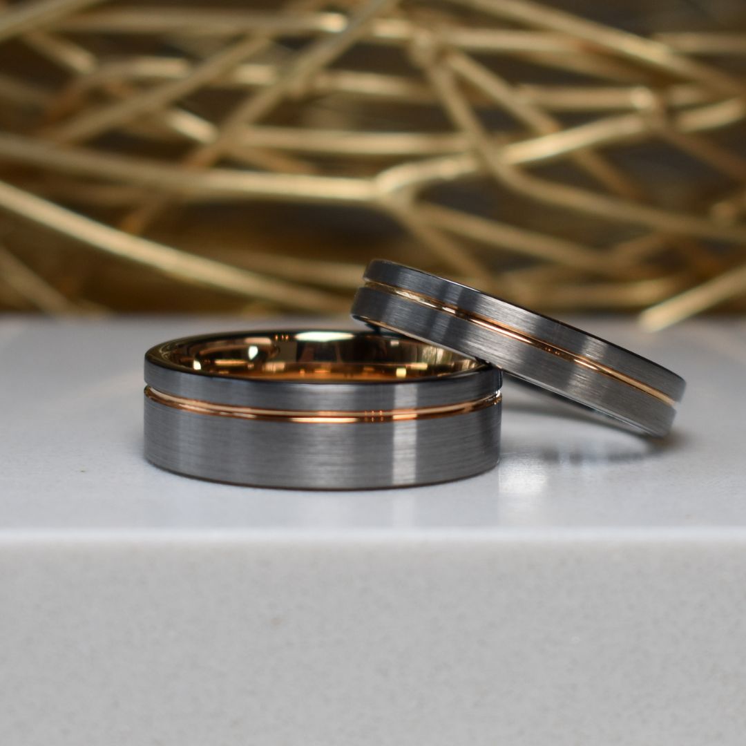 Tungsten Ring 8mm Brushed Silver with Rose Gold Stripe and Black Sides - Tungsten Titans