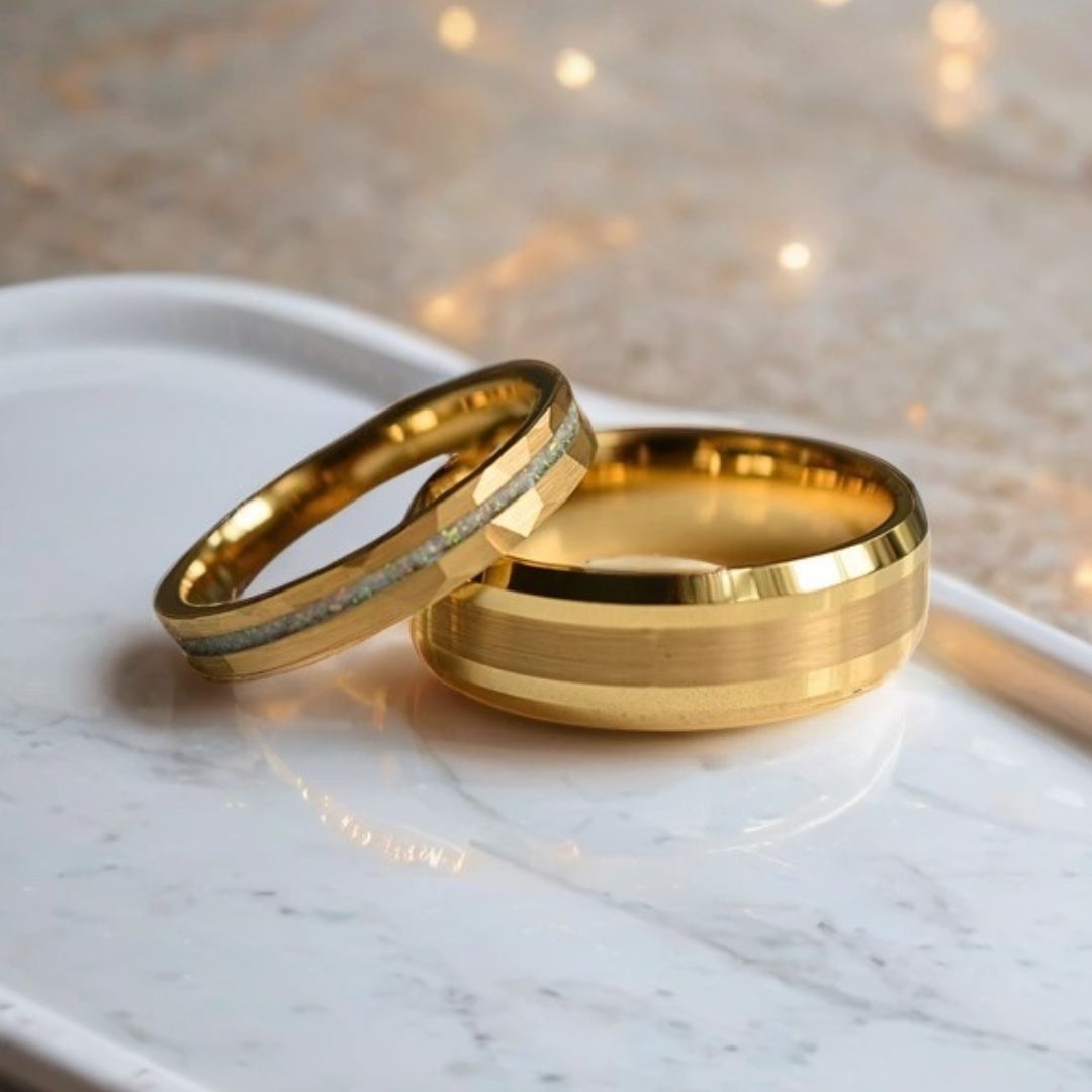 Tungsten 8mm Brushed Gold Ring with High Polished Edges - Tungsten Titans