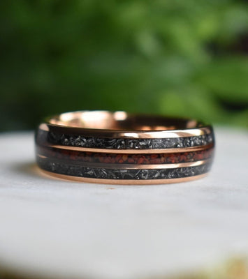 Tungsten 8mm Rose Gold Ring with Red Dinosaur Bone & Meteorite Ring - Tungsten Titans