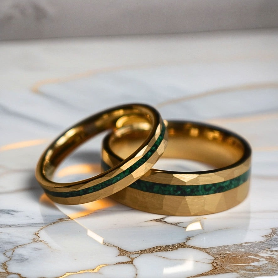 Tungsten 8mm Hammered Gold Ring with Malachite Inlay - Tungsten Titans
