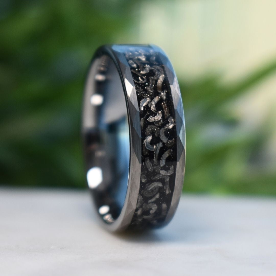 Hammered 8mm Tungsten Ring with Meteorite Inlay