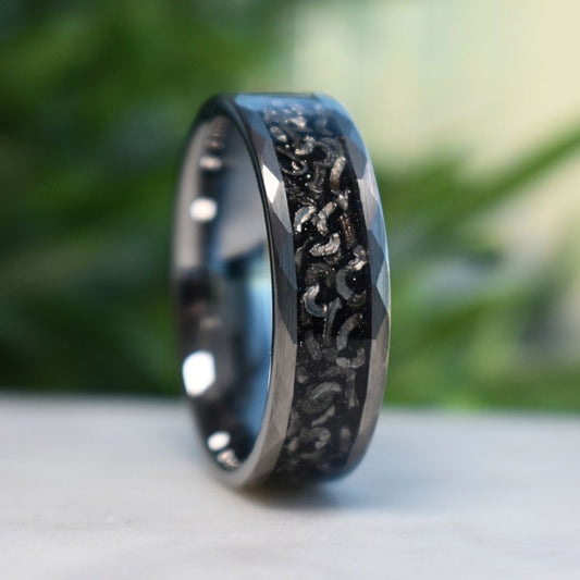 Hammered 8mm Tungsten Ring with Meteorite Inlay