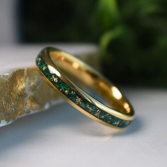 Tungsten 4mm Gold Ring with Malachite & Gold Leaf Inlay