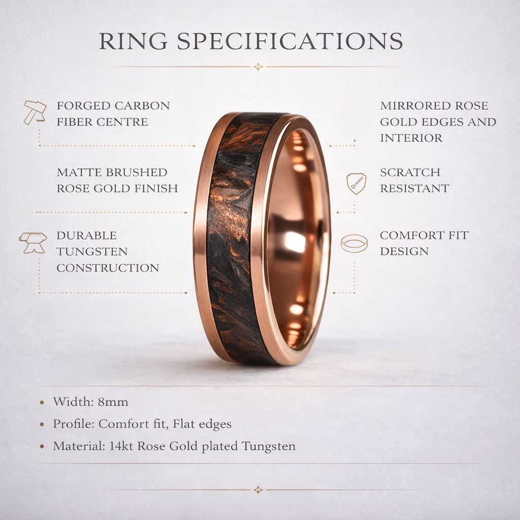 Forged Carbon Fiber & Rose Gold 8mm Tungsten Ring - Tungsten Titans