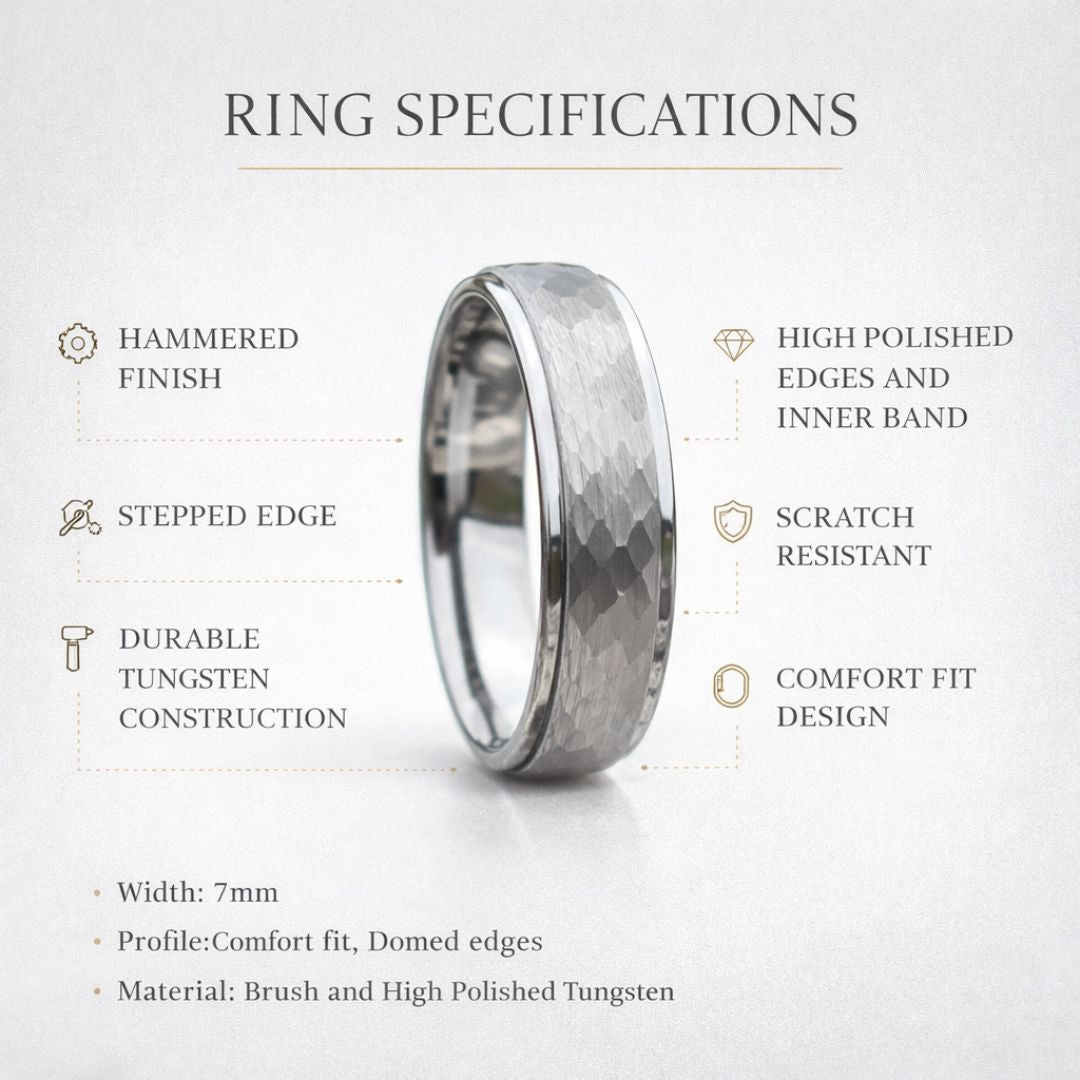 Tungsten 7mm Ring Hammered Silver with Comfort fit band - Tungsten Titans