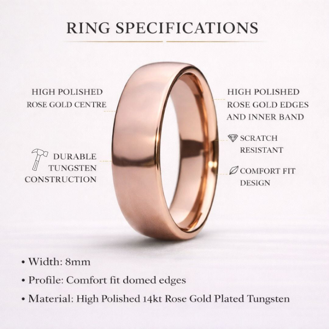 High Polished Rose Gold 8mm Tungsten Ring - Tungsten Titans