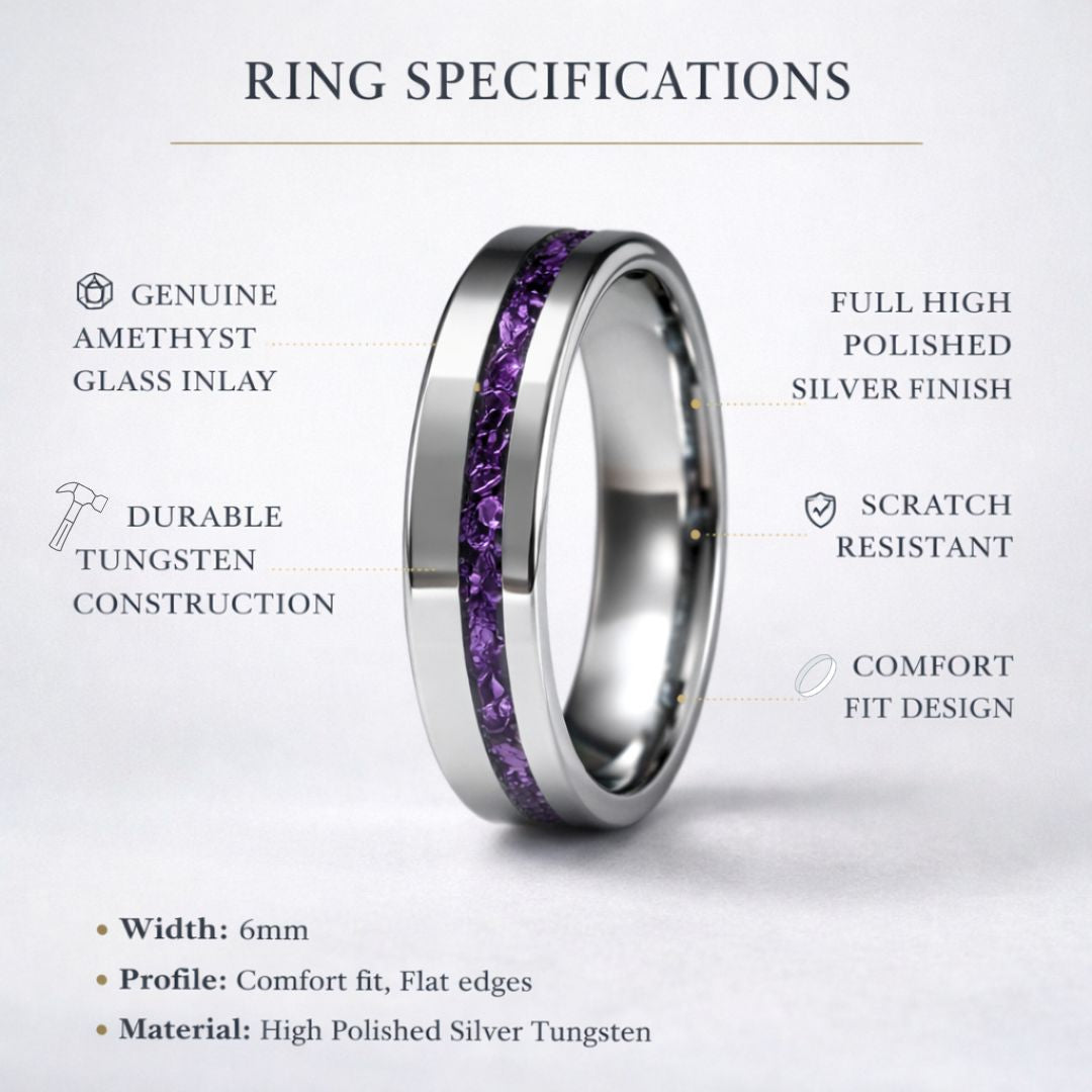 Tungsten 6mm Ring with Amethyst Inlay - Tungsten Titans