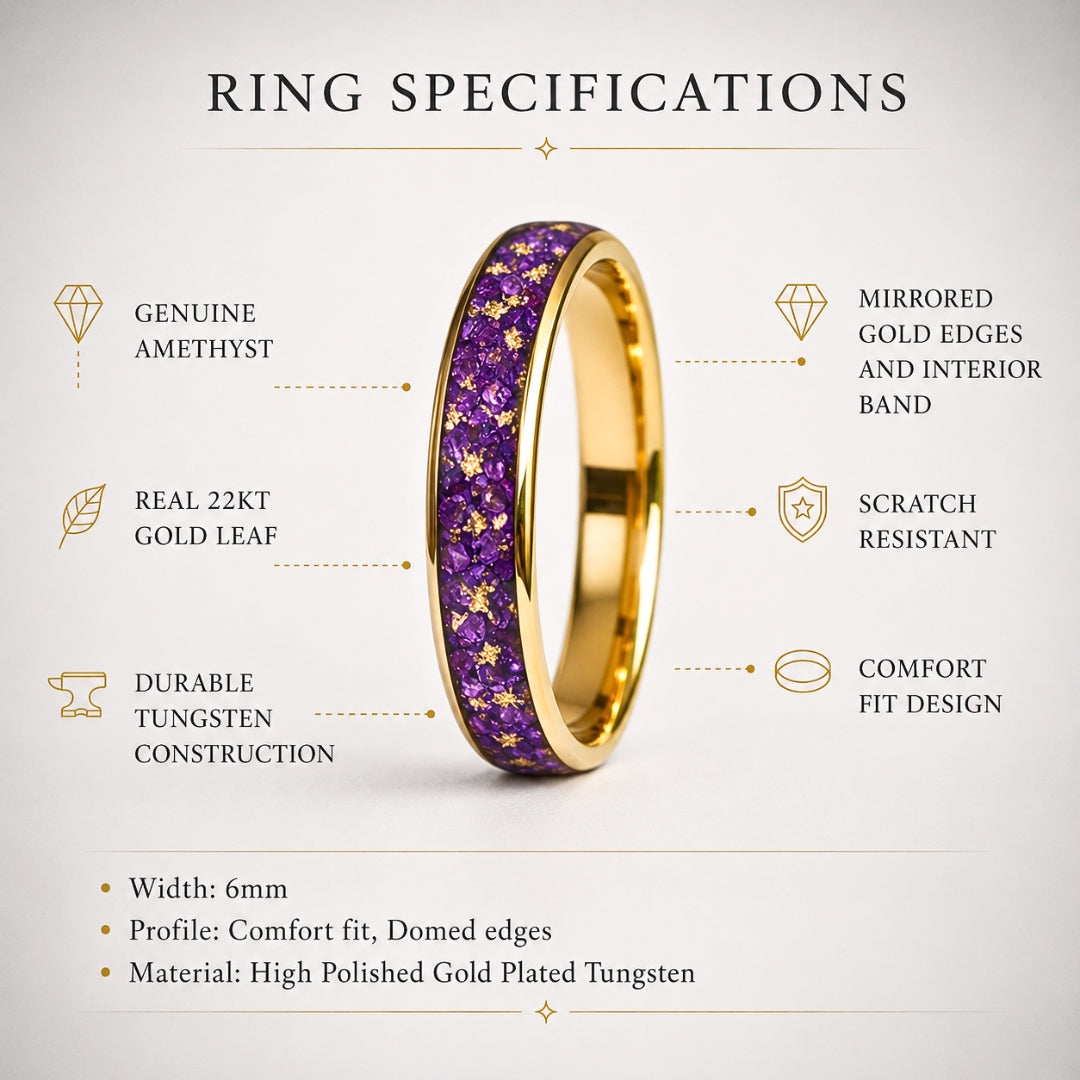 Tungsten 6mm Gold Ring with Amethyst & Gold Leaf Inlay