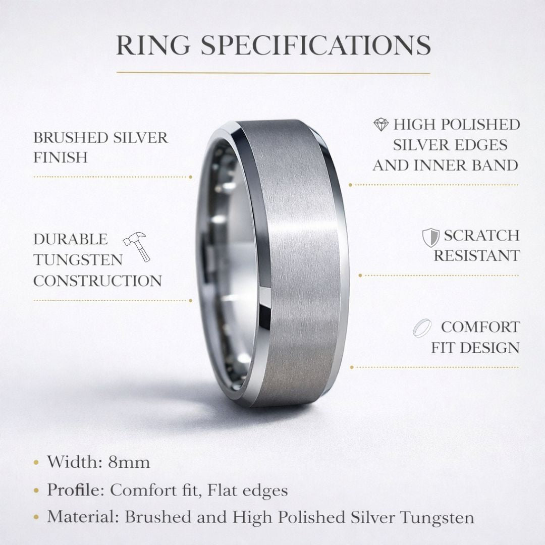 Tungsten 8mm Ring Brushed Silver - Tungsten Titans