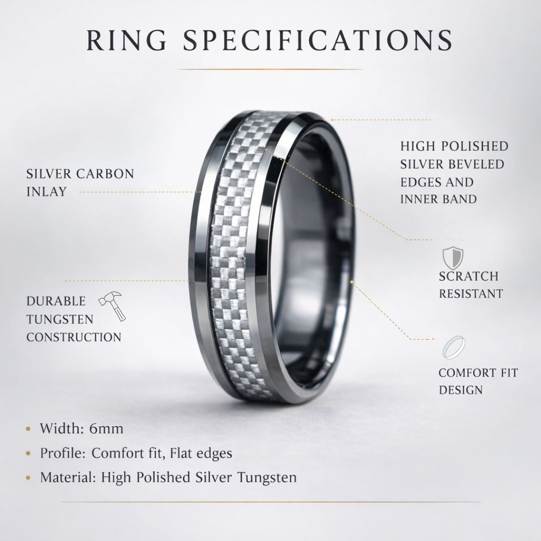 Silver Tungsten 6mm Ring with Silver Carbon Centre - Tungsten Titans