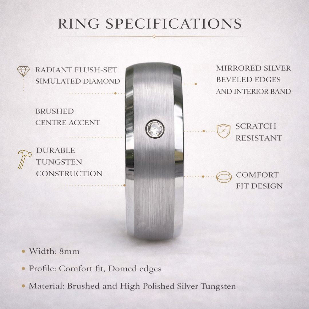 Silver Tungsten Ring with Simulated Diamond - Tungsten Titans
