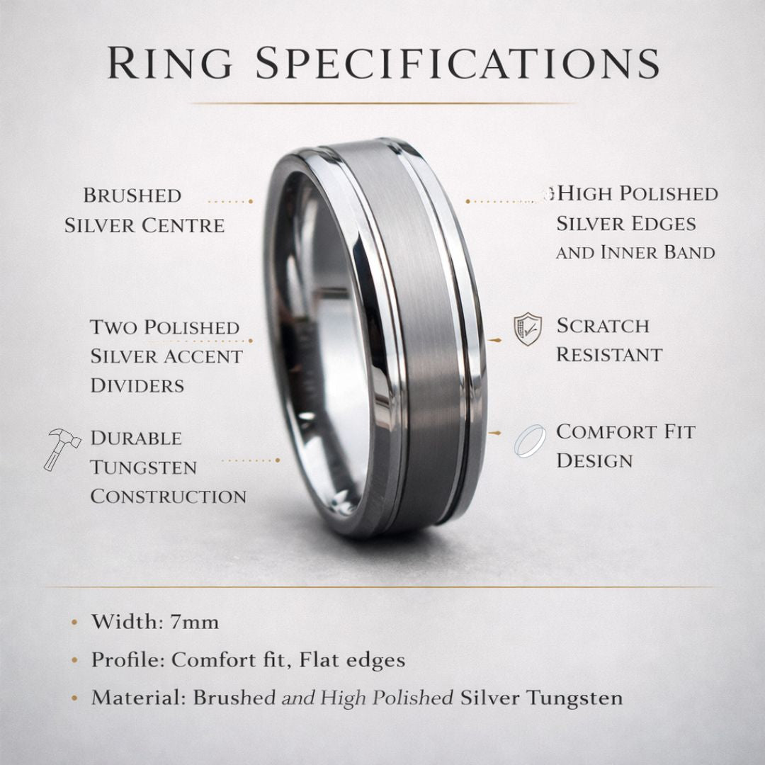 Silver Brushed Beveled Edge 7mm Tungsten Ring - Tungsten Titans