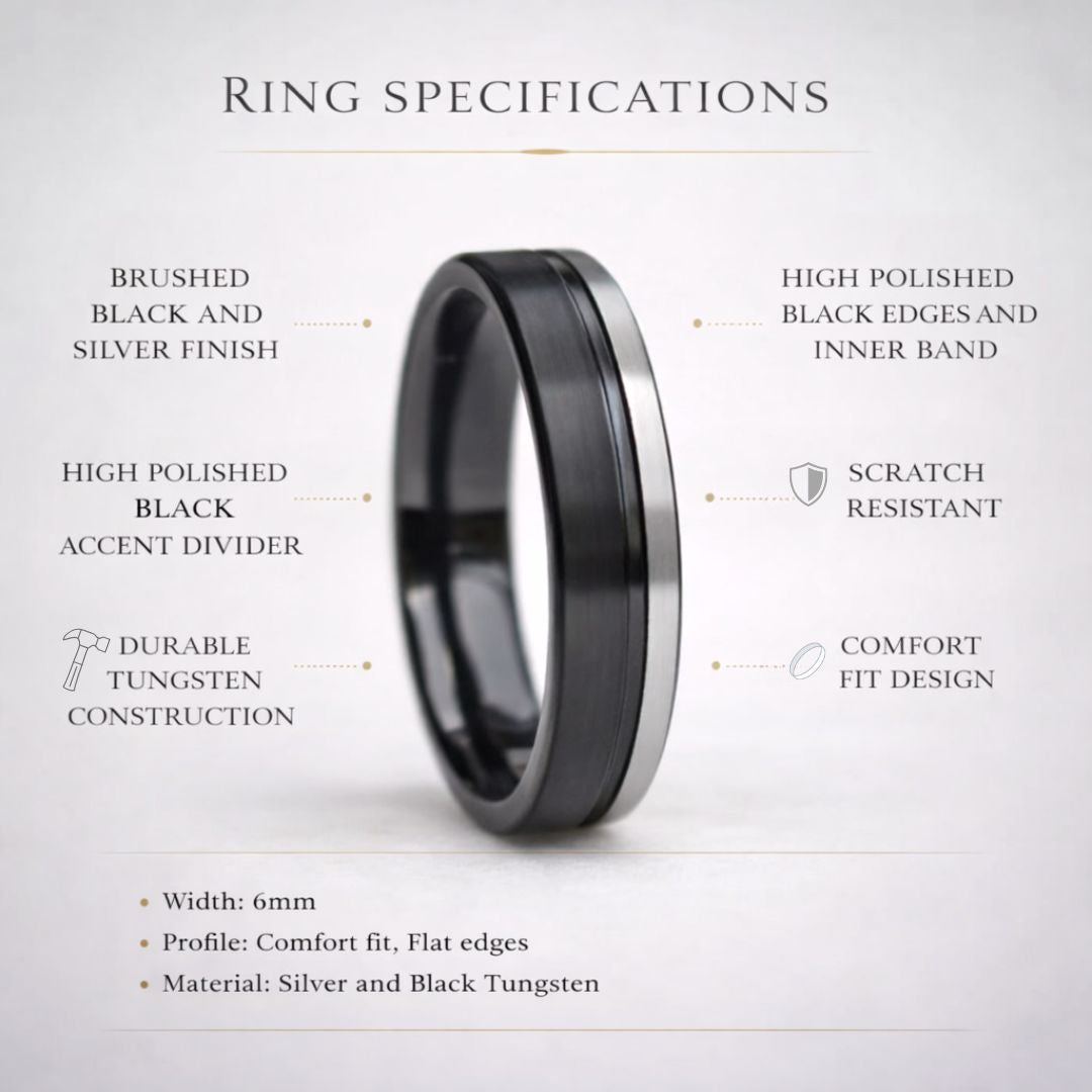 Tungsten Ring 6mm Black and Silver Brushed with Polished Black Accent - Tungsten Titans