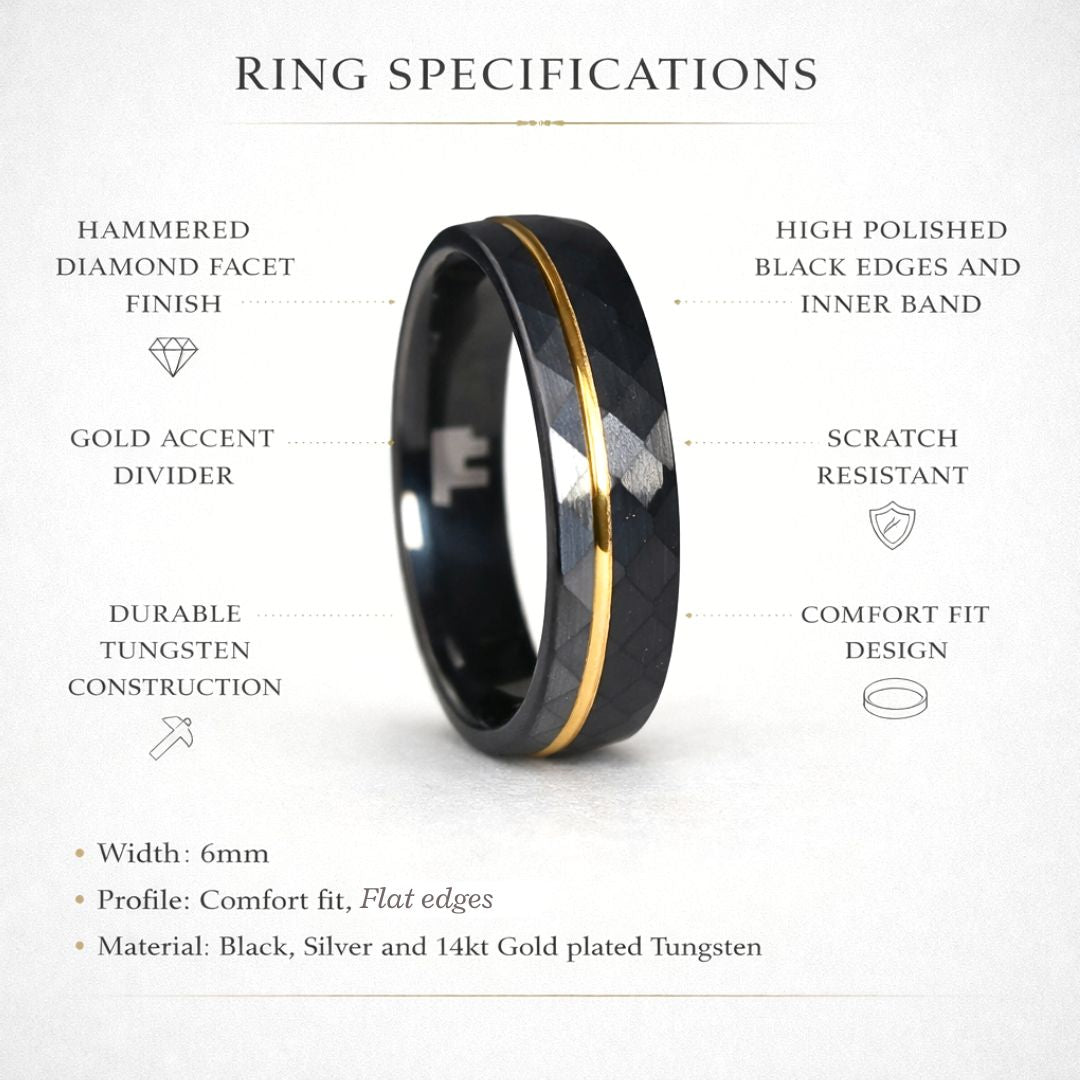 Hammered 6mm Tungsten Ring Black and Silver Brushed with Gold Accent - Tungsten Titans