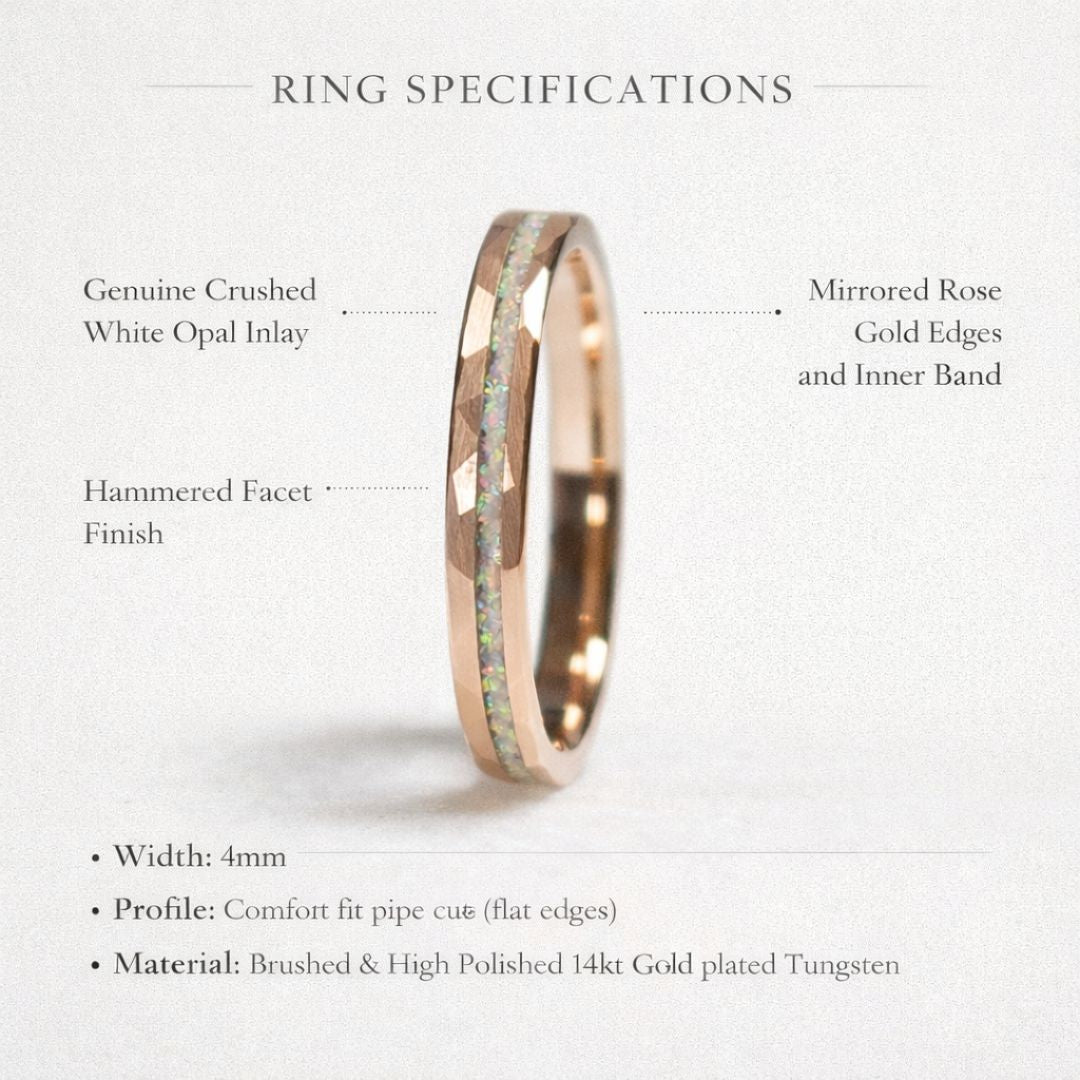 Tungsten 4mm Hammered Rose Gold Ring with Crushed Opal Centre - Tungsten Titans