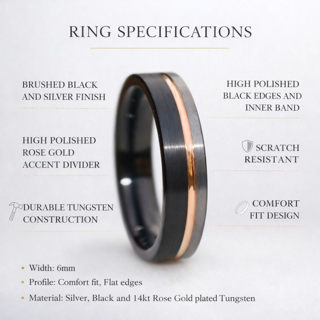 Tungsten 6mm Ring Black and Silver Brushed with Rose Gold Accent - Tungsten Titans