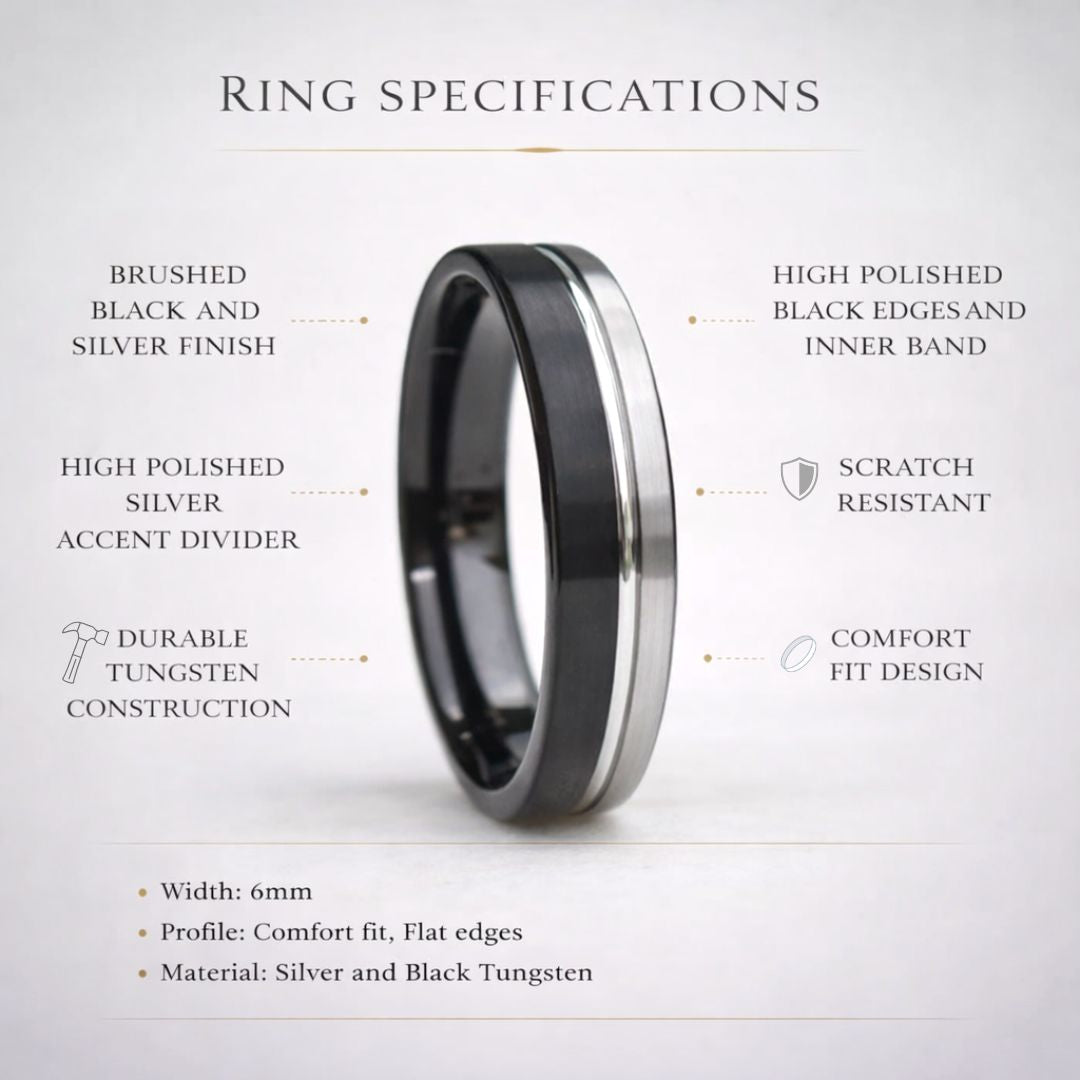 Tungsten Ring 6mm Black and Silver Brushed with Polished Silver Accent - Tungsten Titans
