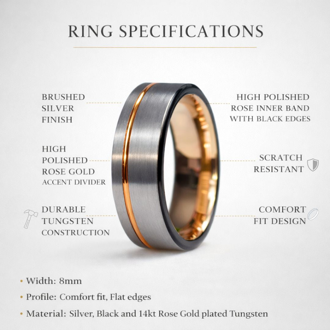 Tungsten Ring 8mm Brushed Silver with Rose Gold Stripe and Black Sides - Tungsten Titans