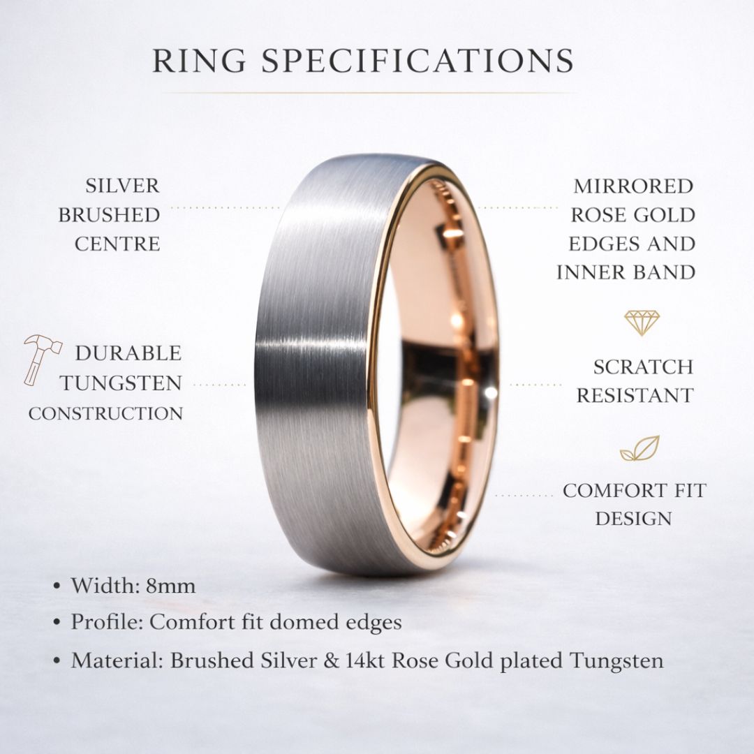 Tungsten Ring 8mm Brushed Silver with Rose Gold Comfort fit band