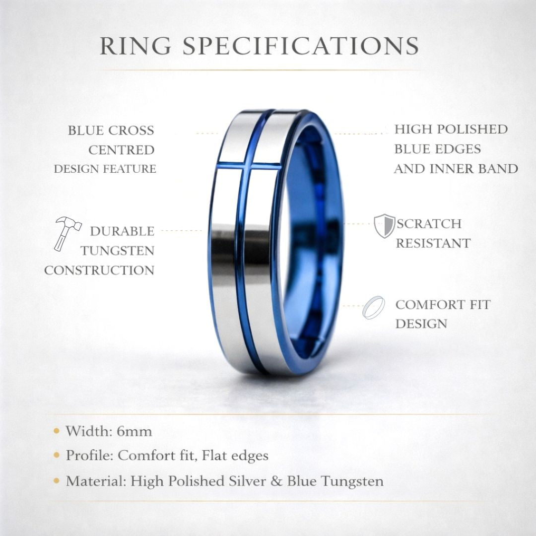 Tungsten 6mm Silver Ring with a Blue Cross and Comfort fit band - Tungsten Titans