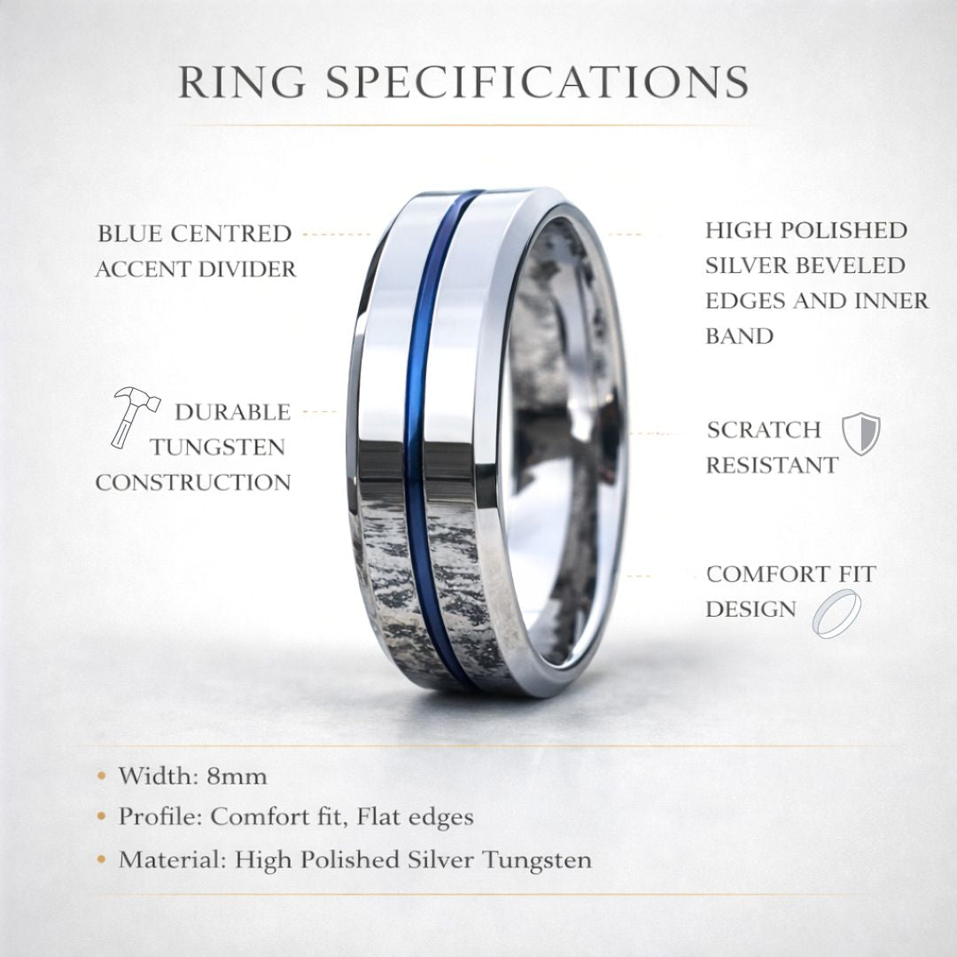 Tungsten 8mm Silver Ring with a Blue Center Strip