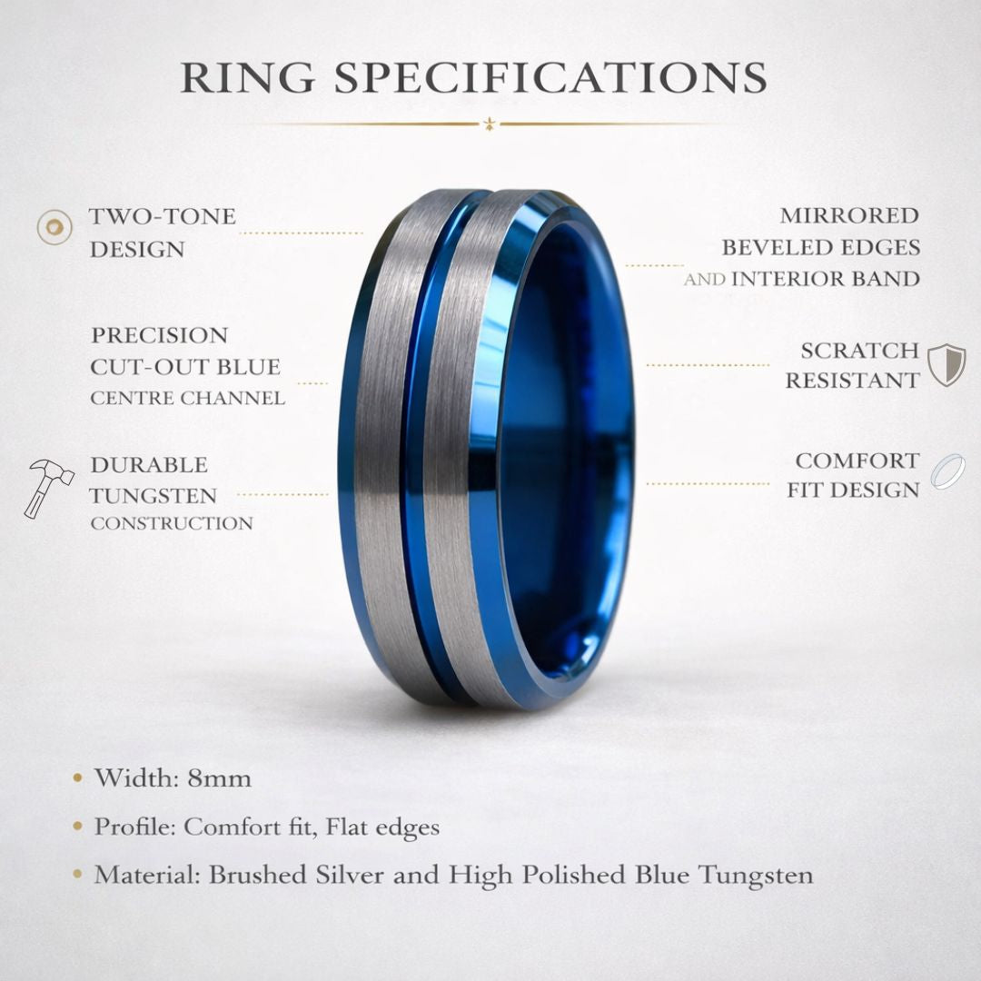 Tungsten 8mm Ring Blue with Silver Accent Stripes - Tungsten Titans