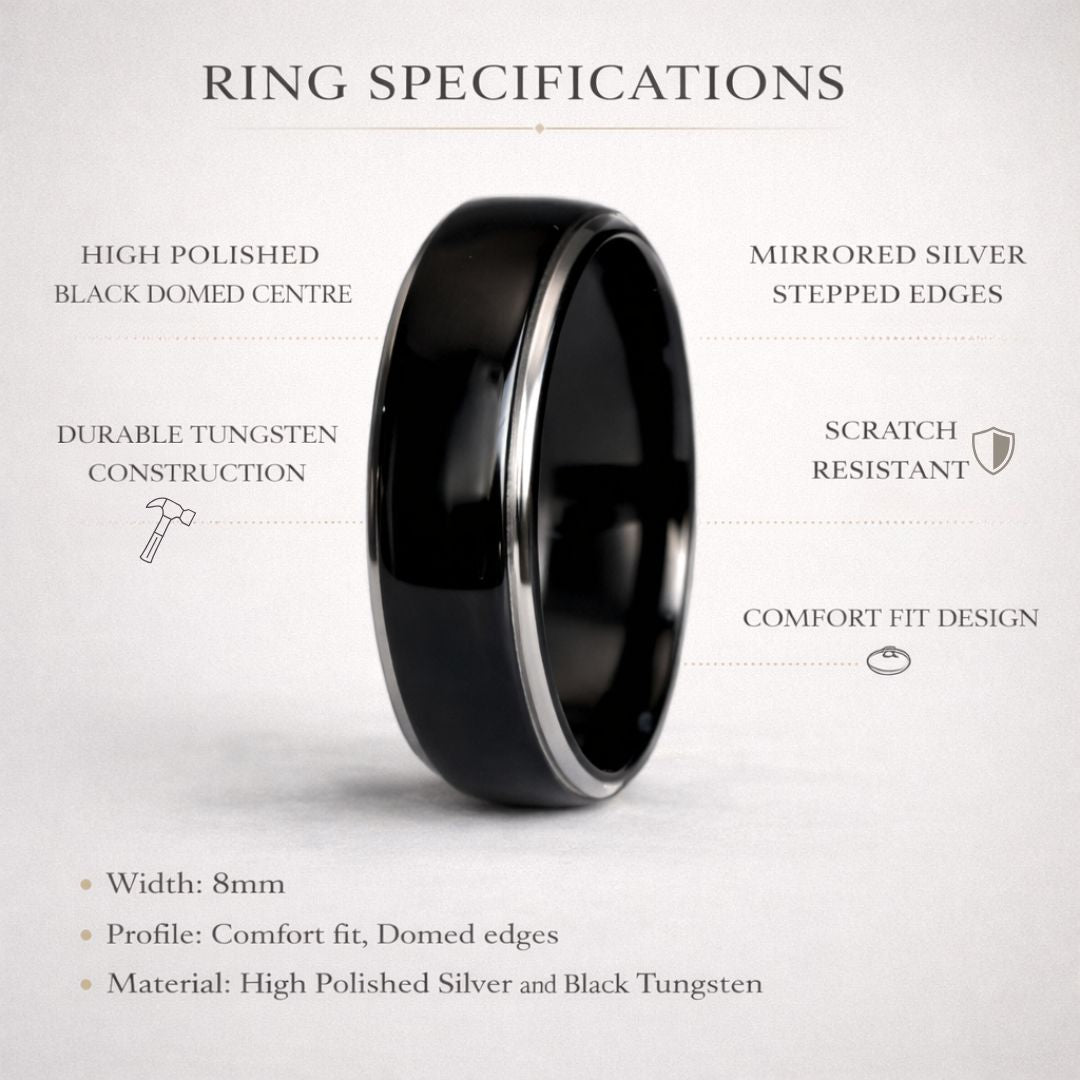 Tungsten 8mm Ring Black Domed with Silver Edges - Tungsten Titans